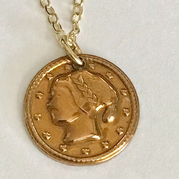 Vintage French Italian Coin Charm Necklace Gold Plated Wire France Italy Lady - Picture 6 of 9